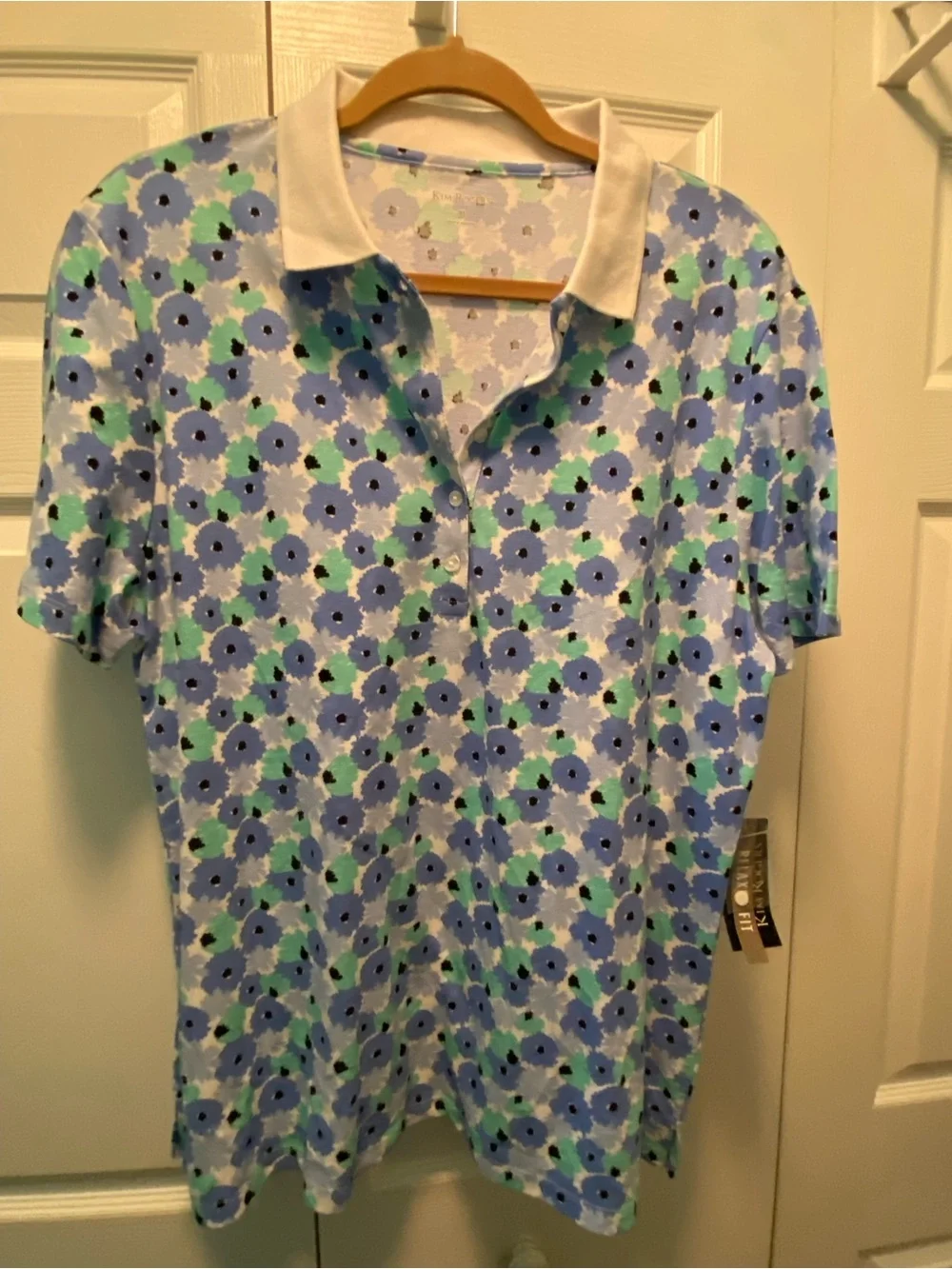 Kim Rogers Polo Shirt Blue/Green Floral Print with White Collar XL New With Tag
